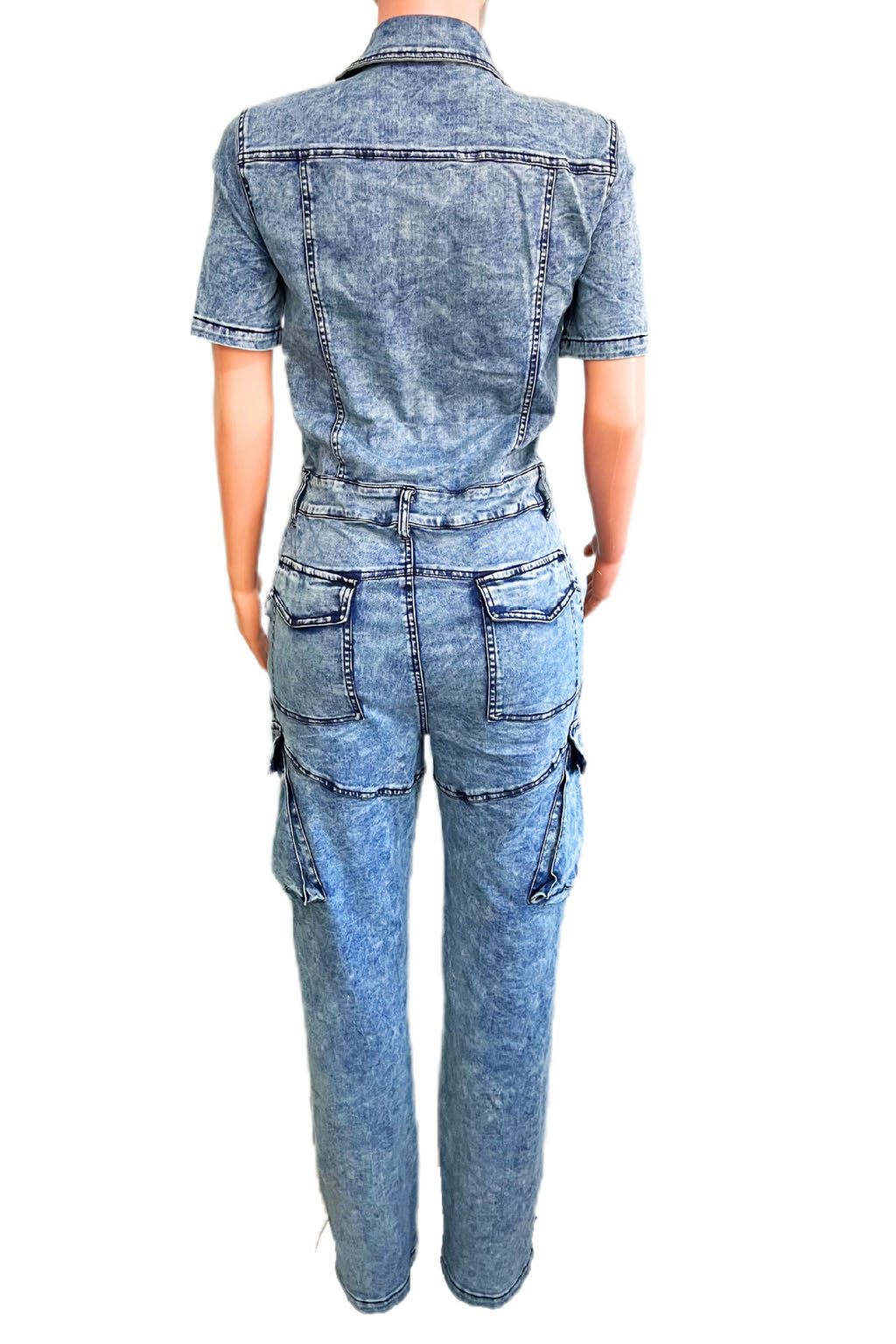 Blue Wash Short Sleeve Denim Jumpsuit Lavish Daily