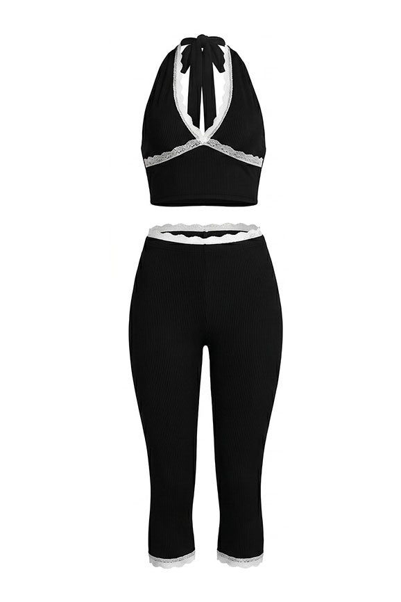 Lace Trim Ribbed Capri Set Lavish Daily