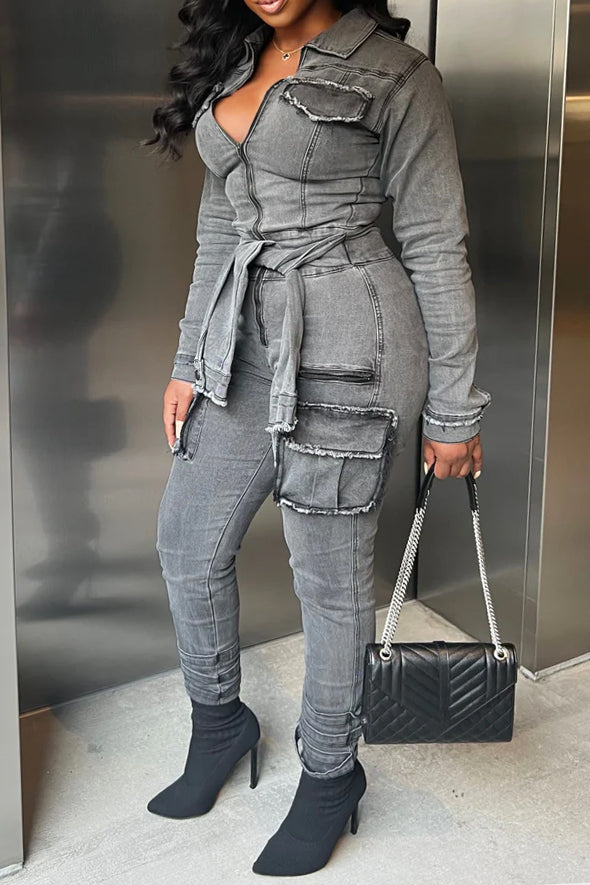 Multi Pocket Tie Up Denim Jumpsuits Lavish Daily