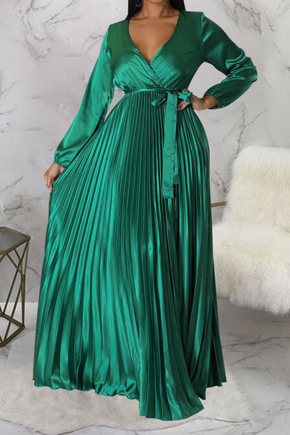 Faux Silk Pleated Tie-Waist Maxi Dress Lavish Daily