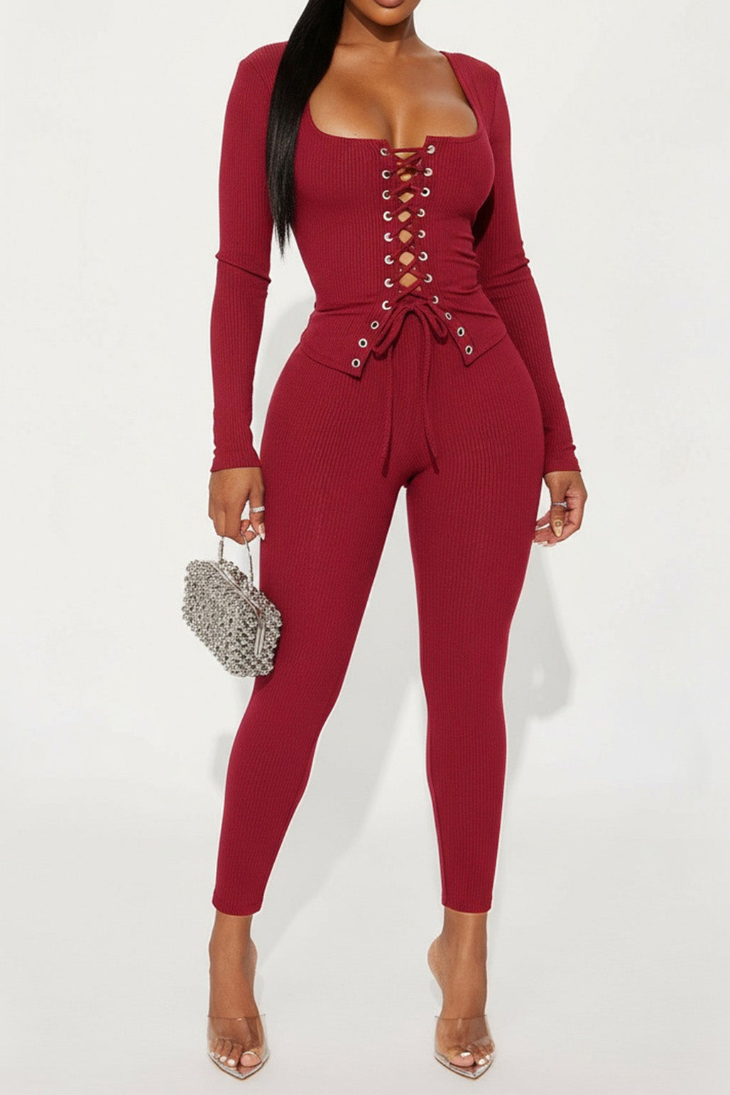 Solid Lace-Up Top & Pants Set Lavish Daily