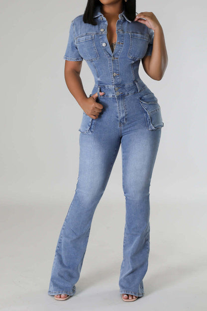 Turndown Collar Denim Jumpsuit Lavish Daily