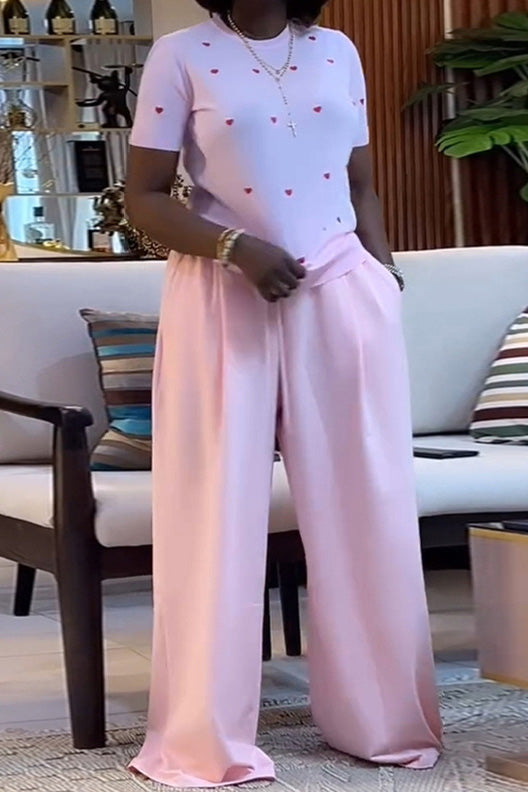 Round Neck Short Sleeve Top & Wide Leg Pants Set Lavish Daily