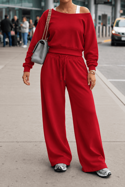 Off-Shoulder Sweatshirt & Wide-Leg Pants Set Lavish Daily