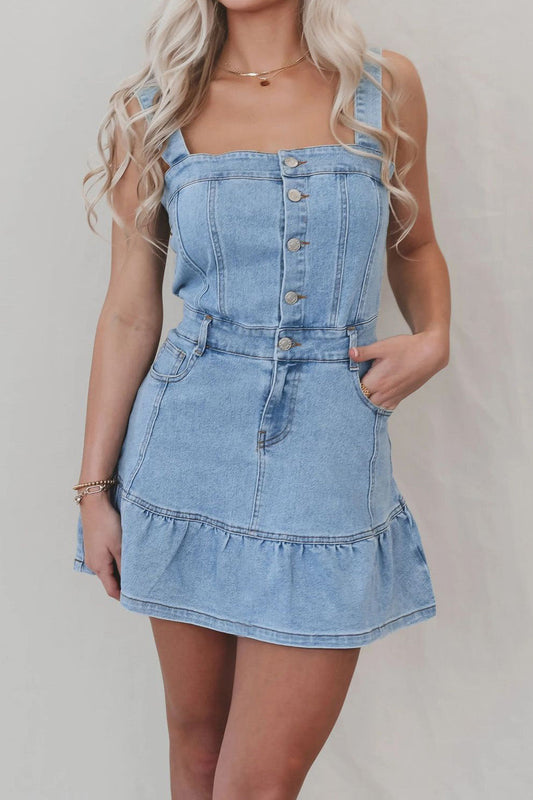 Square Neck Button-Front Denim Mini Dress Lavish Daily