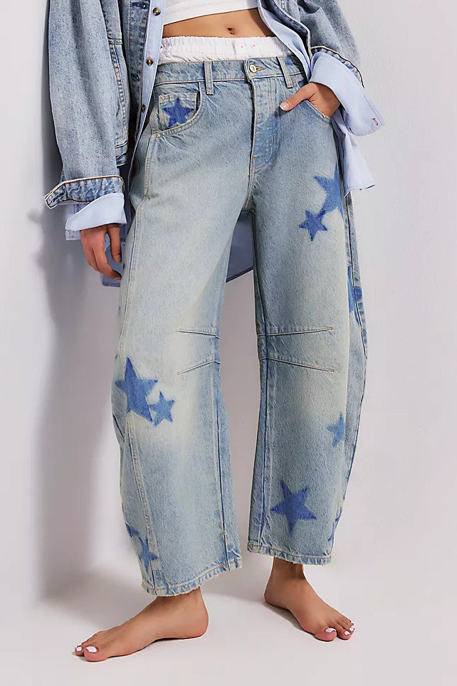 Star Print Relaxed Barrel Leg Jeans Lavish Daily