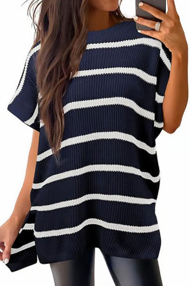 Short Sleeve Side Slit Oversized Sweater Lavish Daily
