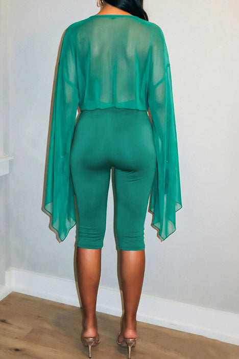 Cowl-Neck Mesh Top & Capri Pants Set Lavish Daily