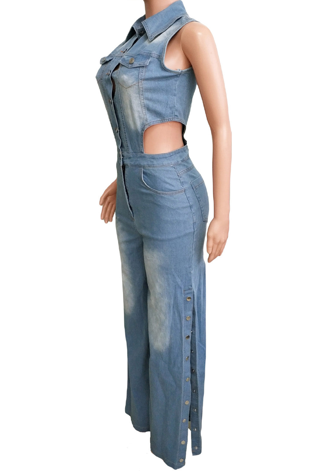 Sleeveless Cut Out Wide Leg Slit  Denim Jumpsuit Lavish Daily