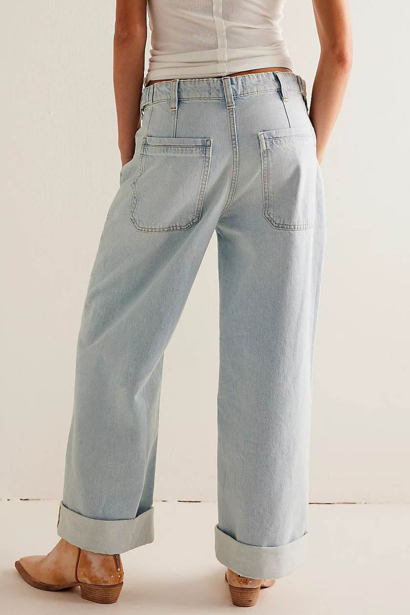Washed Wide Leg Cuffed Jeans Lavish Daily