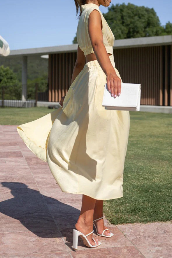 Mock Neck Cut Out Pleated Maxi Dress Lavish Daily