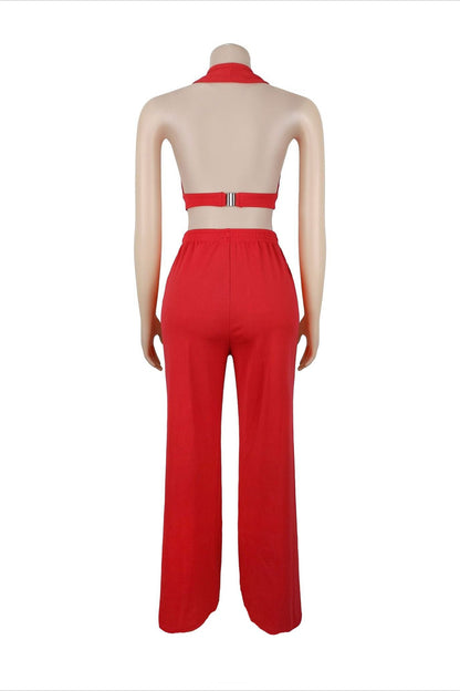 Oversized Eyelet Halter Crop Top & Pant Set Lavish Daily