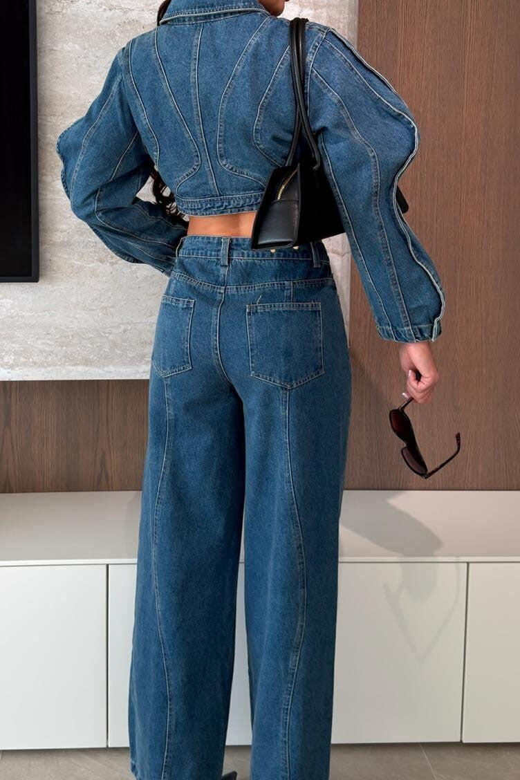 Contrast-Stitch Denim Jacket & Wide-Leg Jeans Set Lavish Daily