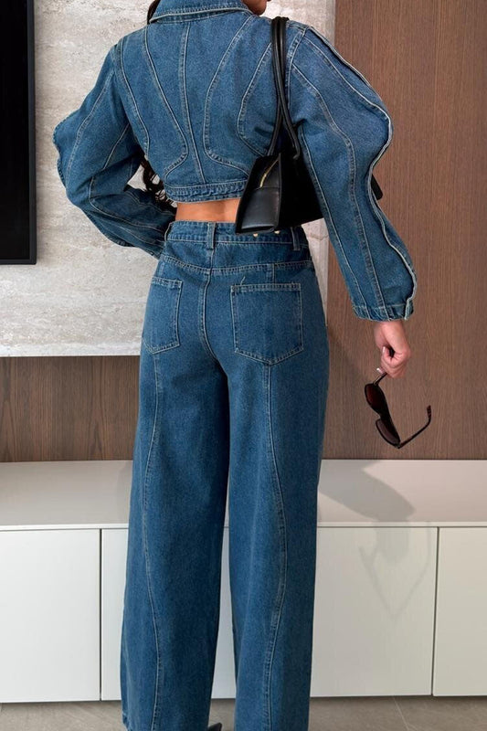 Contrast-Stitch Denim Jacket & Wide-Leg Jeans Set Lavish Daily