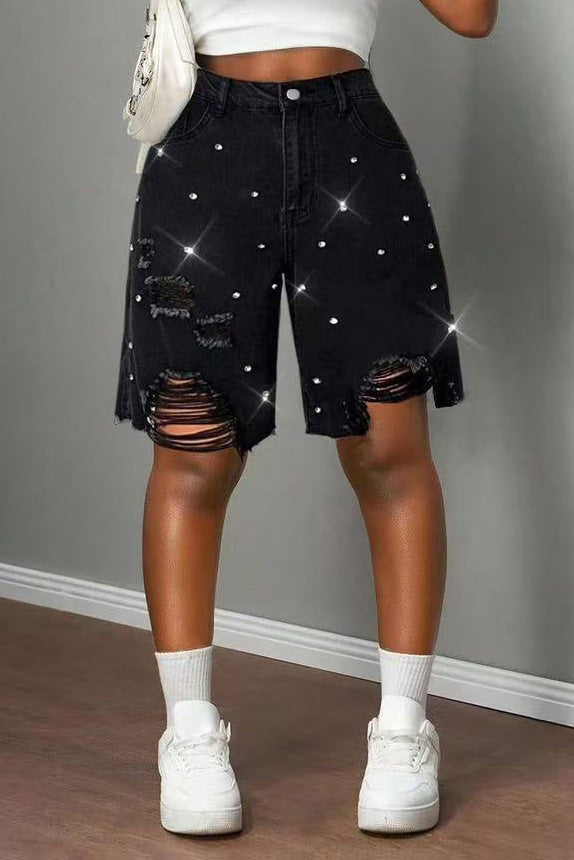 Rhinestone Distressed Denim Bermuda Shorts Lavish Daily