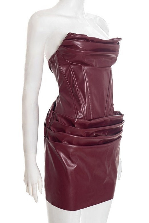 Ruched Leather Bodycon Mini Dress LavishDaily