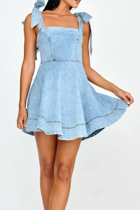 Square Neck Tie Shoulder Denim Dress Lavish Daily