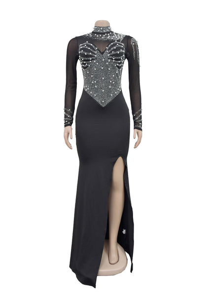 Rhinestone Mesh High Slit Maxi Dress Lavish Daily