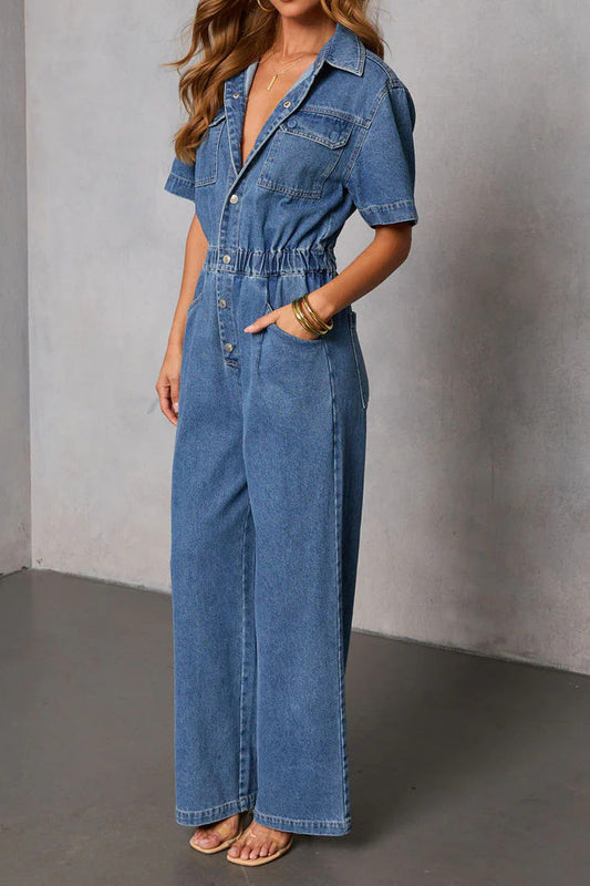Elastic Waist Denim Jumpsuit Short Sleeve Wide Leg Lavish Daily