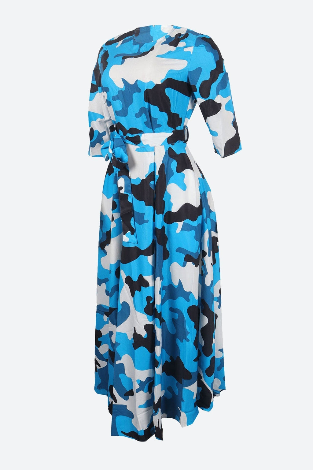 Print Crew Neck Half Sleeve Belted Dress Lavish Daily