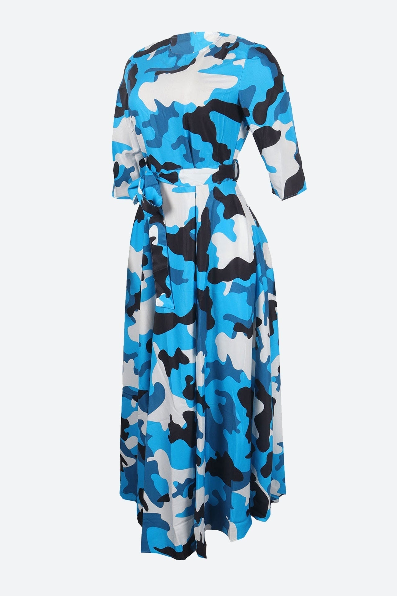 Print Crew Neck Half Sleeve Belted Dress Lavish Daily