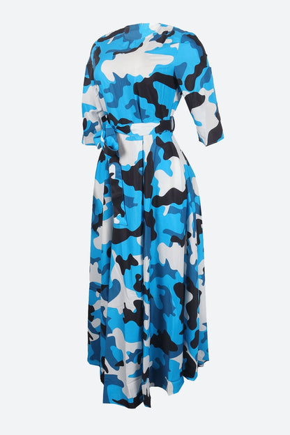 Print Crew Neck Half Sleeve Belted Dress Lavish Daily