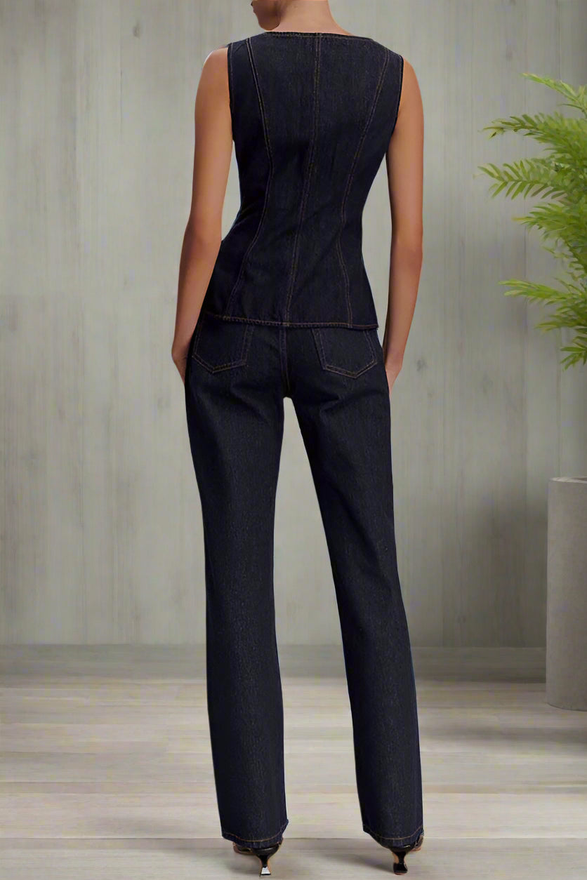 High Waist Jean Set with Button Top & Pants Lavish Daily