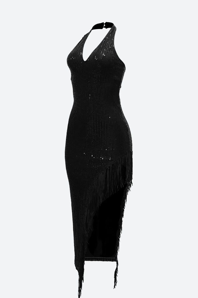 Halter Tassel Fringe Sequin Maxi Dress Lavish Daily