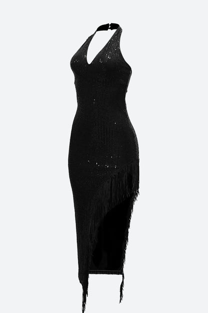 Halter Tassel Fringe Sequin Maxi Dress Lavish Daily