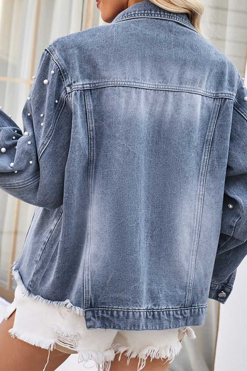 Pearl Trim Raw Hem Denim Jacket Lavish Daily