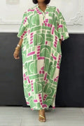 Print Buttons Basic V Neck Long Dresses Lavish Daily