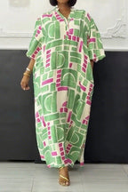 Print Buttons Basic V Neck Long Dresses Lavish Daily