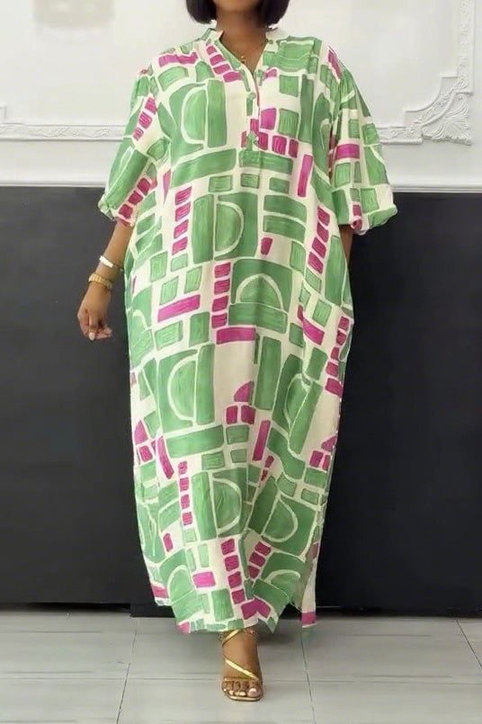 Print Buttons Basic V Neck Long Dresses Lavish Daily