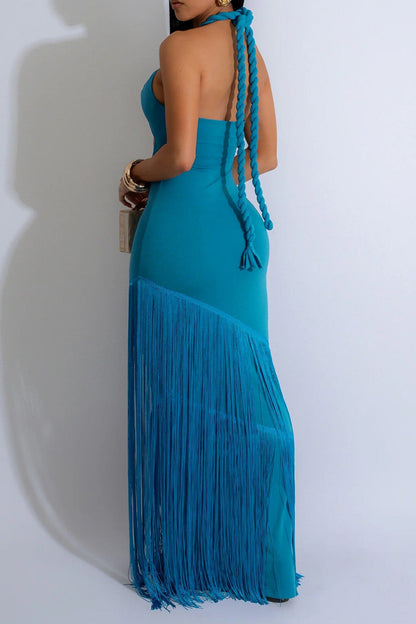 Halter Cutout Fringe Maxi Dress Lavish Daily