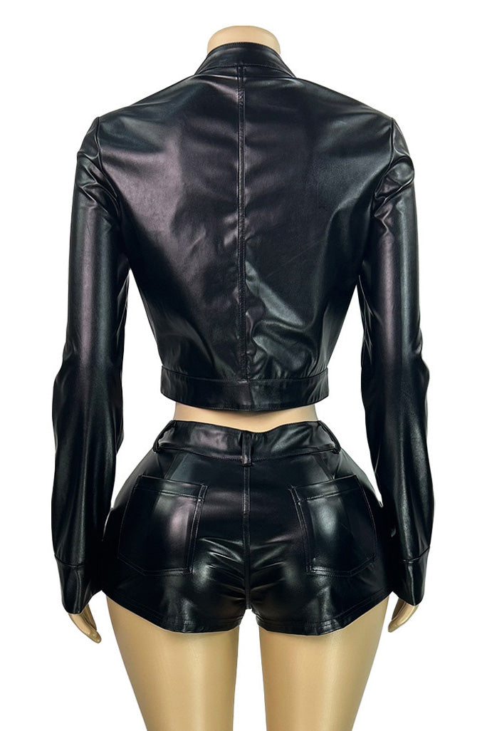 Leather Stand Collar Zip Jacket and Shorts Set Lavish Daily