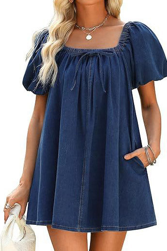 Bubble Sleeve Square Neck Denim Babydoll Dress Lavish Daily