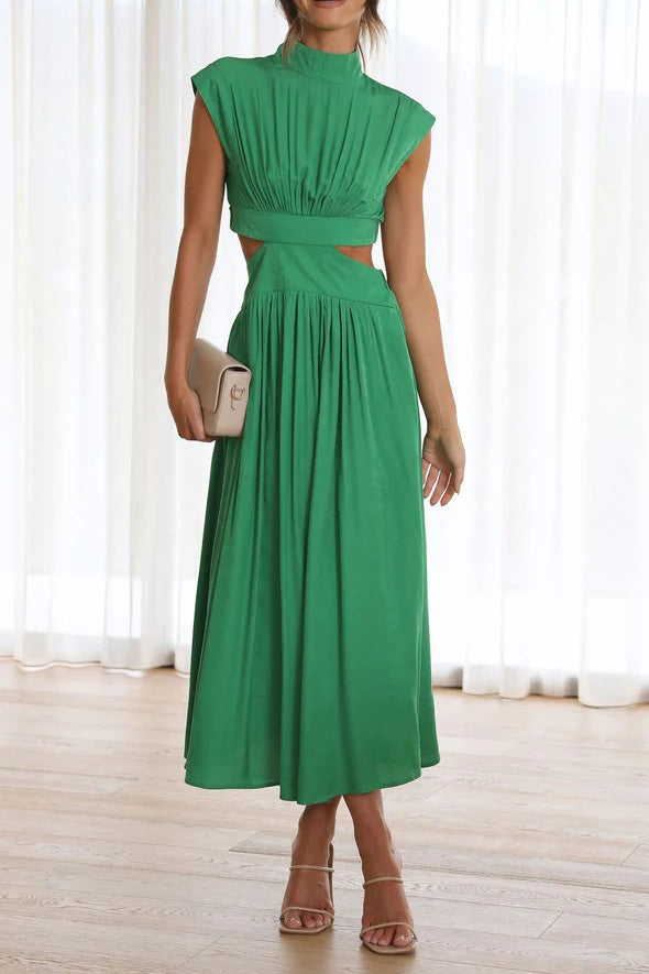 Mock Neck Cut Out Pleated Maxi Dress Lavish Daily