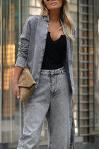 Denim Stand Neck Belted Loose Jacket Lavish Daily