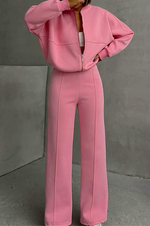 Baseball Collar Full Zip Drawstring Pants Set Lavish Daily