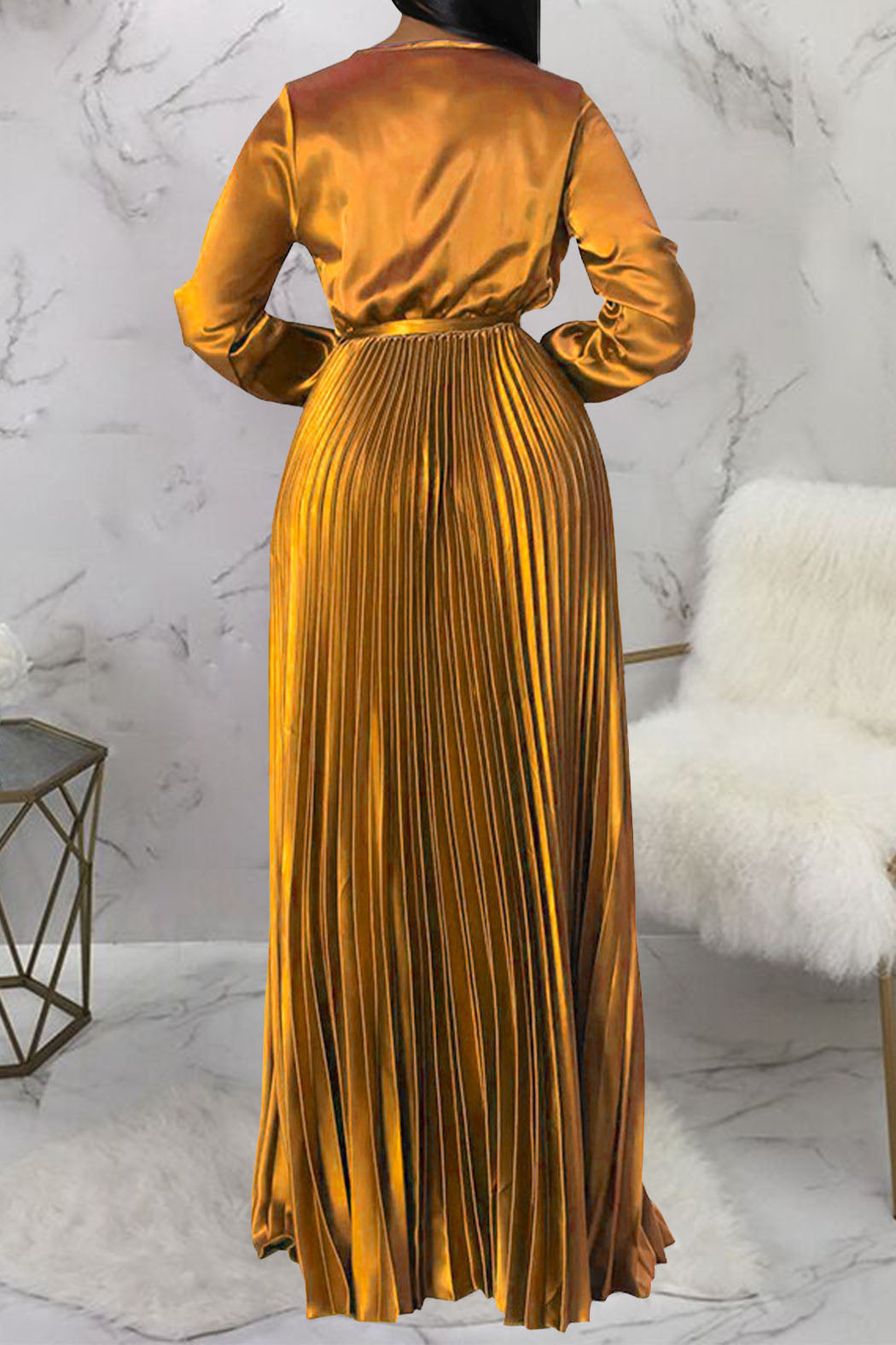 Faux Silk Pleated Tie-Waist Maxi Dress Lavish Daily