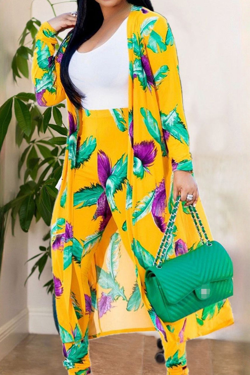Printed Pants with Long Cardigan Set Lavish Daily