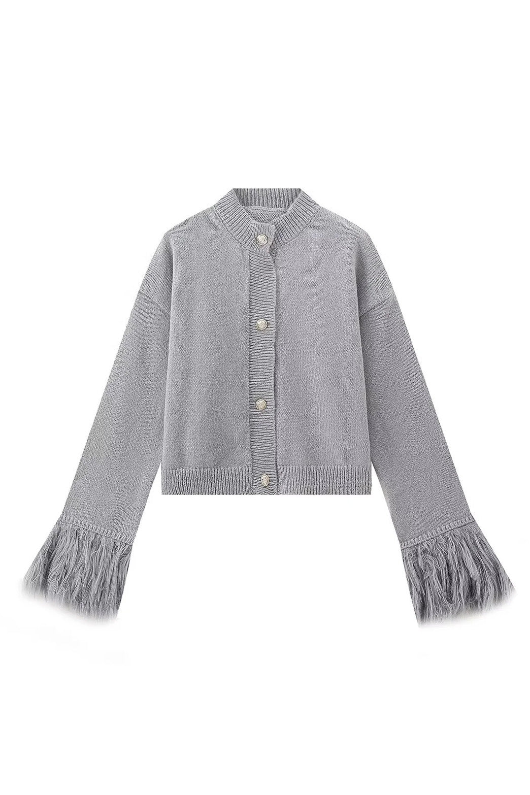 Faux Feather Cuff Button-Up Knit Cardigan Lavish Daily