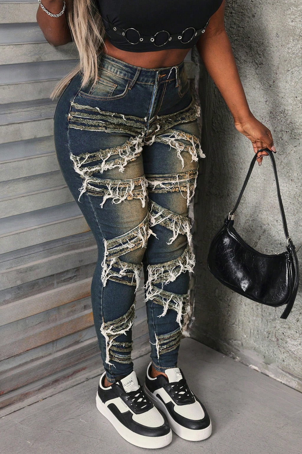 Whiskered Stretch Patch Skinny Jeans Lavish Daily