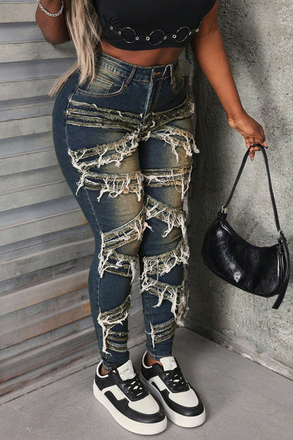Whiskered Stretch Patch Skinny Jeans Lavish Daily