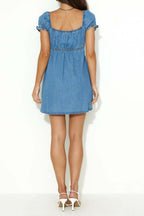 Lace-Up Hollow Out Puff Sleeve Denim Dress Lavish Daily