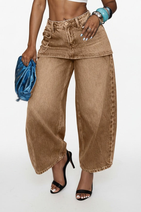 Skirt Overlay Wide Leg Baggy Jeans LavishDaily