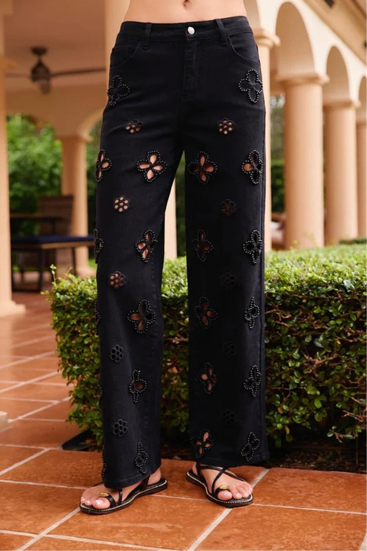 Pearl Embellished Floral Cutout Jeans Lavish Daily