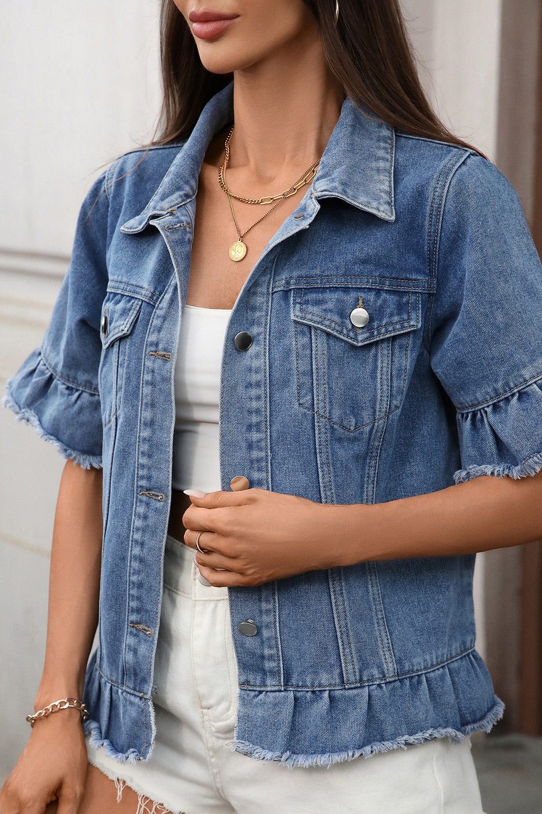 Ruffled Raw Hem Short Sleeve Denim Jacket Lavish Daily