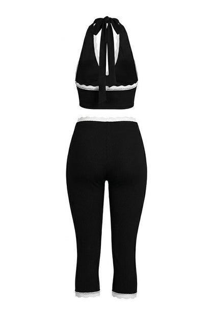 Lace Trim Ribbed Capri Set Lavish Daily
