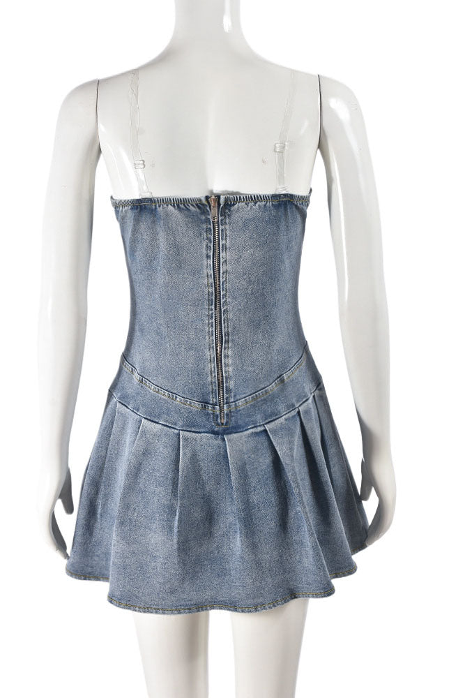 V Neck Pleated Denim Dress Lavish Daily